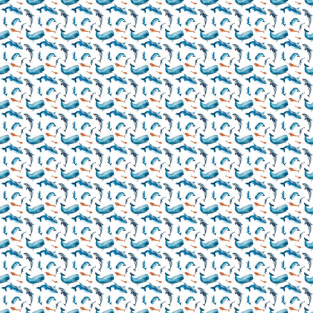 Seamless pattern with blue whales isolated on white background. Watercolor drawing with adiatic...