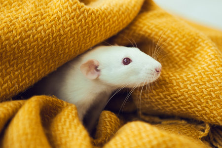 White rat dumbo with red eyes in yellow blanket. Cute domestic pet. Curious animal. laboratory rodentの写真素材