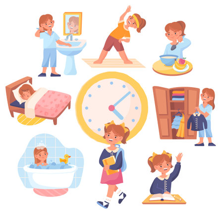 Daily routine set with a prity girlのイラスト素材