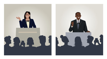 Set of confident speakers behind podium