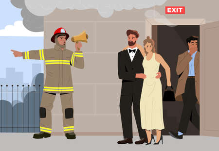 Fireman with Megaphone Announce Fire Emergency Evacuation Alarmのイラスト素材
