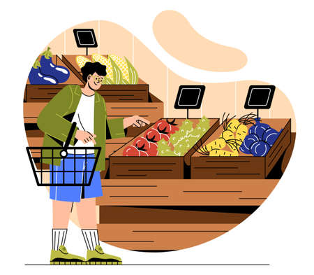 Choosing food in grocery storeのイラスト素材
