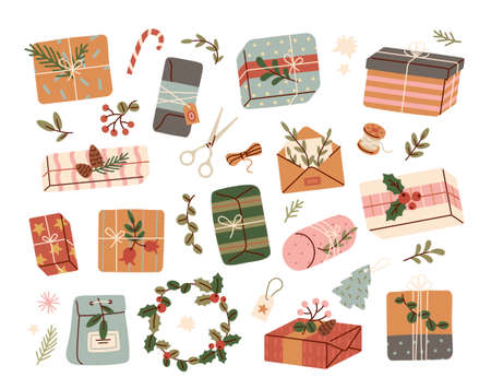 Christmas gifts in craft paper setのイラスト素材