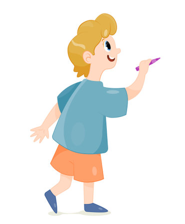 Cute boy painting drawings on wallのイラスト素材