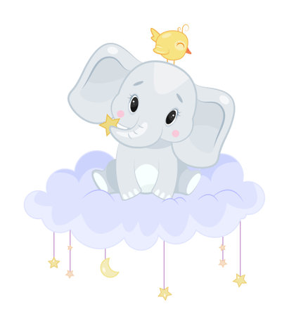 Elephant with birdのイラスト素材