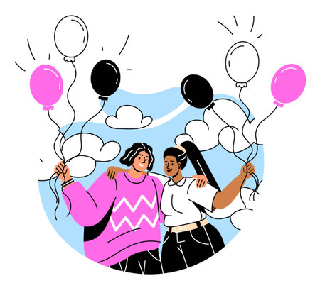 Friends with balloons outdoor conceptのイラスト素材