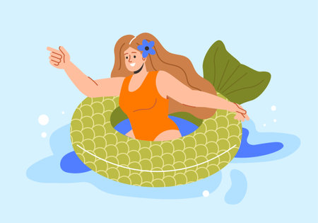 Woman swim on inflatable float vector conceptのイラスト素材
