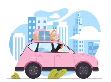 Woman driving car with gifts vector conceptのイラスト素材