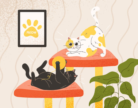 Cute cats at scratching post vector conceptのイラスト素材