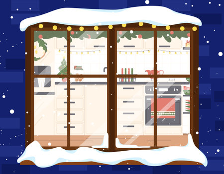 Window view christmas kitchen vector conceptのイラスト素材