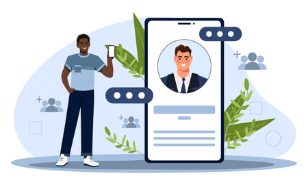 Concept of online identity. A man standing next to a giant smartphone displaying a profile, with social media interface elements and plants on a light background. vector illustrationのイラスト素材