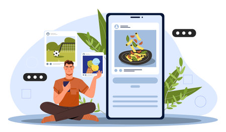 Man interacting with a large smartphone displaying different content, on a light blue and white background, concept of social media and online content consumption. vector illustrationのイラスト素材