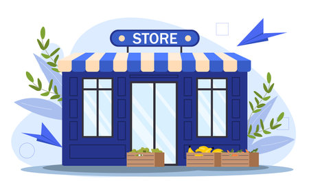 Blue storefront with STORE sign, window displays of fruits and vegetables, isolated on a white background, vector illustration.のイラスト素材