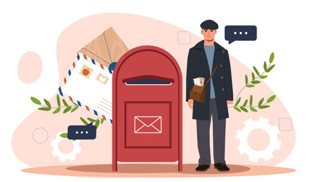 Postman standing next to a red mailbox with letters, vector illustration on a light background, concept of communicationのイラスト素材
