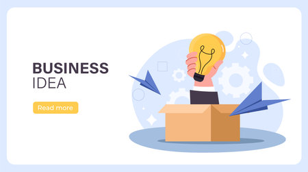 Business idea poster. Hand with light bulb in cardboard box. Startup or business project. Successful businessman. Landing webpage design. Cartoon flat vector illustrationのイラスト素材