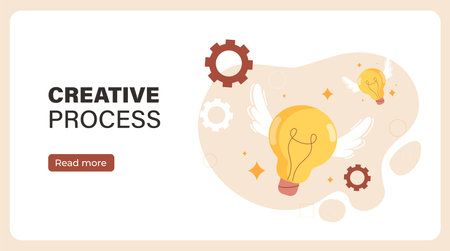 Creative process poster. Light bulbs with wings near gears. Inspiration and insights, brainstorming. Landing webpage design. Cartoon flat vector illustrationのイラスト素材