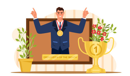 Employee of month. Man on computer screen with gold medal and cup. Award and reward for worker. Motivation and leadership, success. Cartoon flat vector illustrationのイラスト素材