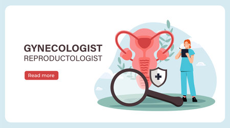 Gynecologist reproductologist poster. Woman in medical uniform with magnifying glass stands near uterus. Landing webpage design. Cartoon flat vector illustrationのイラスト素材
