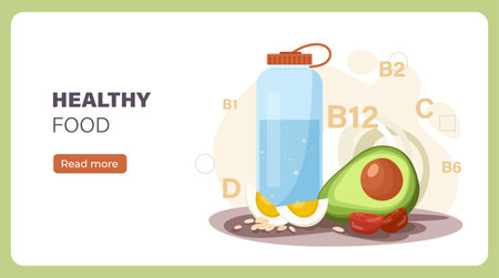 Healthy food poster. Avocado, slice of eggs and water in glass bottle. Proper nutrition and diet. Landing webpage design. Cartoon flat vector illustrationのイラスト素材