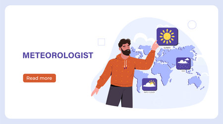 Man meteorologist poster. Guy lead weather forecast. TV presenter near map. Meteorological television show. Landing webpage design. Cartoon flat vector illustrationのイラスト素材