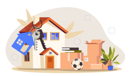 New home concept. Cardboard boxes with things next to large keys and house. Deals with private property and real estate. Relocation and immigration. Cartoon flat vector illustrationのイラスト素材