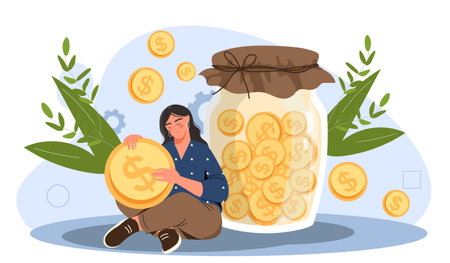 Woman save money. Girl with gold coin in her hand sits near glass jar. Metaphor of financial literacy and savings. Banking and investing, budgeting. Cartoon flat vector illustrationのイラスト素材