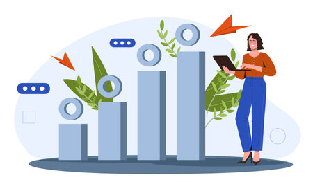 Woman with marketing. Girl with laptop stands near graphs and diagrams. Statistics and infographics. Business strategy and management. Cartoon flat vector illustrationのイラスト素材