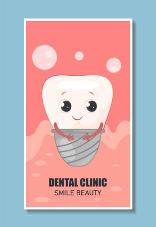 Dental clinic poster. Tooth on veneer. Health care and medicine, treatment. Dentistry and stomatology. Cover or banner for website. Flat vector illustrationのイラスト素材