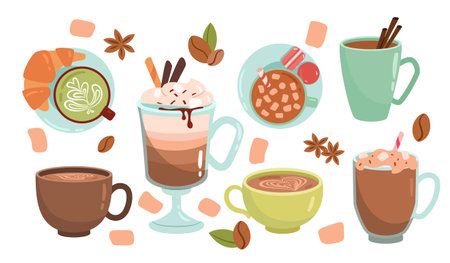 Hot and cold coffee set. Mugs with aroma and beverage. Americano, cappuccino, espresso and mochaccino. Frappe and doppio, mocha. Flat vector collectionのイラスト素材
