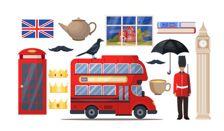 Set of London elements. Phone booth, red bus, patrolman with gun, flag and Big Ben. Sights of Great Britain and United Kingdom landmarks. Flat vector collectionのイラスト素材