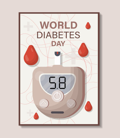 World diabetes day poster. Device for measuring blood sugar and insulin levels. Diagnosis and treatment. International holiday and festival. Flat vector illustrationのイラスト素材