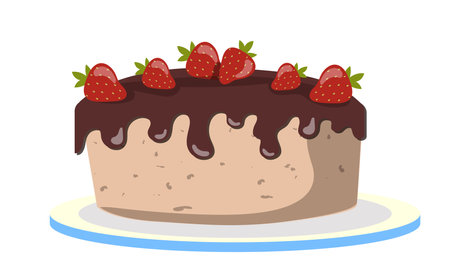 Set of birthday elements. Chocolate cake with strawberries. Dessert and delicacy. Bakery and pastry. Holiday and festival. Social media sticker. Flat vector collectionのイラスト素材