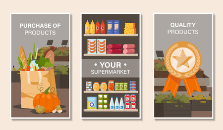 Supermarket posters set. Bag with fresh vegetables and baguette. Shelves with milks and juices. Cheese, sausage, tuna and pasta. Flat vector collectionのイラスト素材