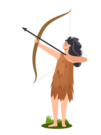 Stone age element. Tribal woman with arrow. Paleontology and archeology, history. Prehistoric era. Wild hunter. Poster or banner. Flat vector illustrationのイラスト素材