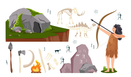 Stone age set. Primitive woman with bow, spear and axe. Tusks and fangs, claws. Prehistoric era...