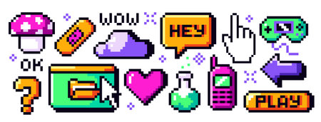 Set of y2k trendy pixel art. Cute 8 bit retro stickers and icons with mushroom, arrows, potion and...