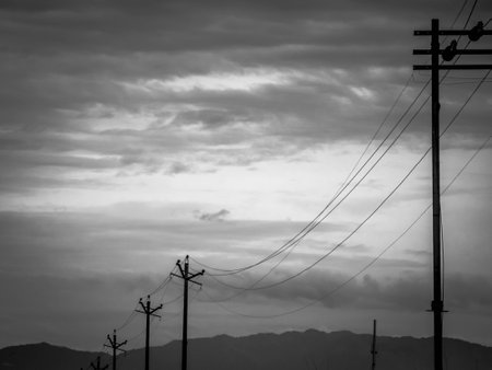 electric poles on skylineの写真素材