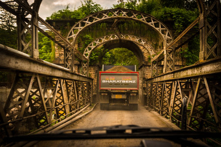 riding on a bridgeの写真素材