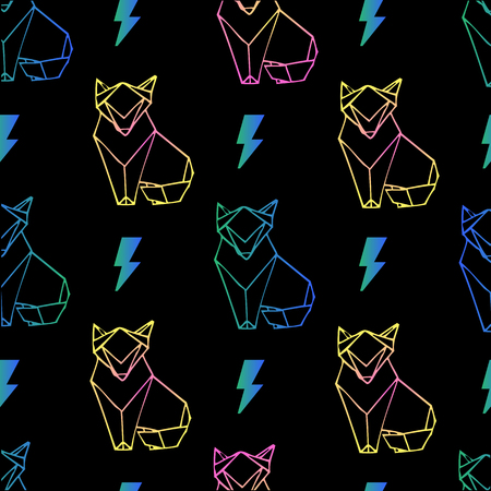 Seamless neon paper fox origami pattern backgroundのイラスト素材