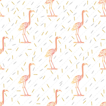 Seamless pink bird with silver and gold glitter pattern on white backgroundのイラスト素材