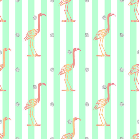 seamless pink bird with silver dot glitter pattern on green stripe backgroundのイラスト素材