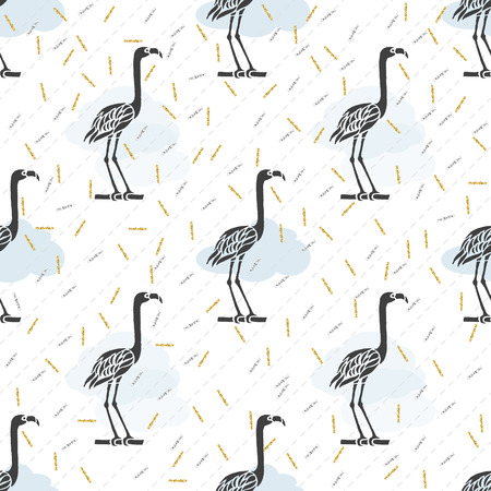 seamless black bird with silver and gold glitter pattern backgroundのイラスト素材