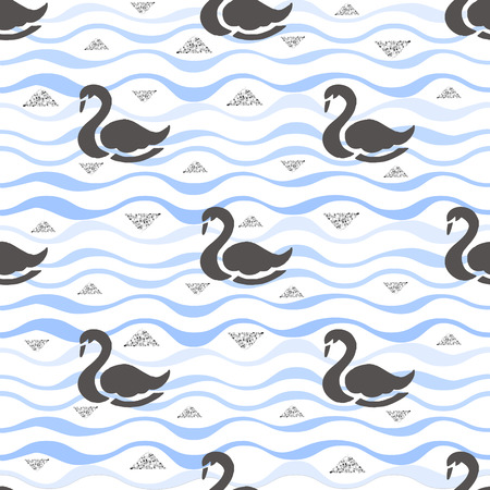 seamless black swan with blue wave and silver glitter pattern backgroundのイラスト素材