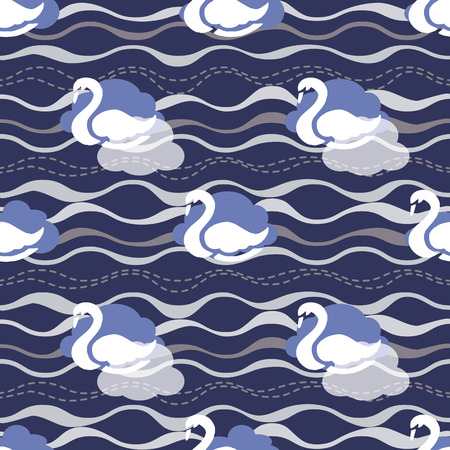 seamless white swan with blue wave pattern backgroundのイラスト素材