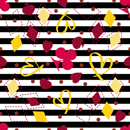 seamless playing cards pattern with spades ,diamonds, hearts and clubs pattern on stripe backgroundのイラスト素材
