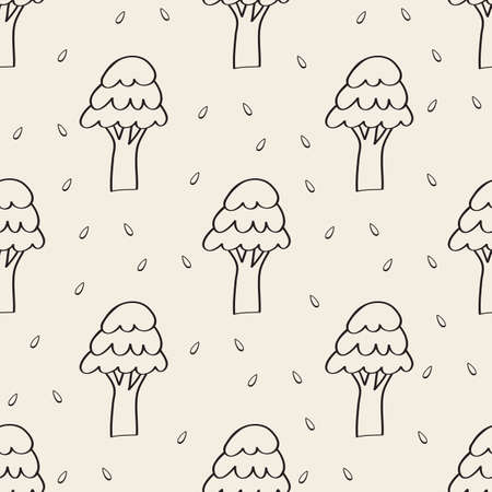 seamless monochrome hand drawn tree with leaf pattern backgroundのイラスト素材