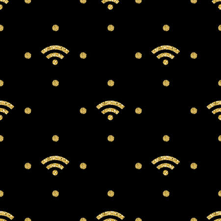 seamless gold glitter wifi network symbol with gold dot glitter pattern on black backgroundのイラスト素材