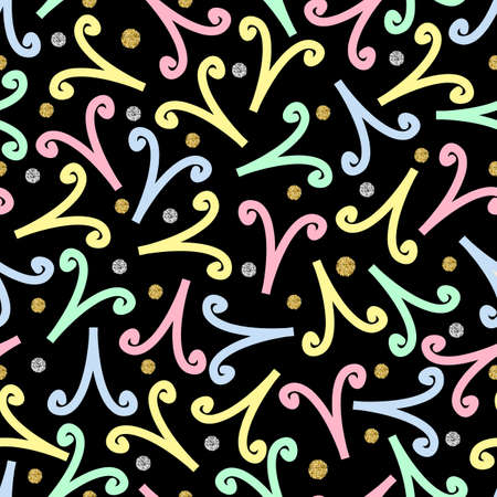 seamless colorful abstract confetti with gold and silver dot glitter pattern on black backgroundのイラスト素材