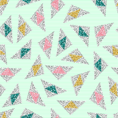 seamless colorful triangle glitter pattern on green stripe background