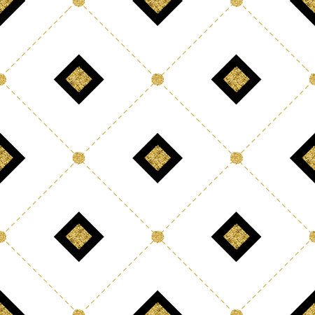 seamless black and gold square glitter with gold dot glitter pattern on white background